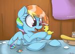  2014 bathing blue_fur cute equine female feral friendship_is_magic fur hair mammal mistydash multicolored_hair my_little_pony open_mouth pegasus rainbow_dash_(mlp) rainbow_hair rubber_duck solo water wings 