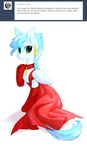  2014 ask_blog asphagnum blue_hair claws dragon dress ear_piercing feathers female feral fur green_eyes hair looking_at_viewer mammal necklace patch_(character) piercing solo tumblr white_fur wings 