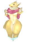  anthro areola bandai blush breasts canine chest_tuft clothed clothing digi_hunter_nana digimon female fox fur green_eyes gril half-dressed mammal mane markings navel open_mouth panties panties_down pussy renamon shirt shirt_lift solo thick_thighs tongue tuft under_boob underwear undressing 