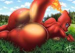  2014 anthro big_butt blue_eyes breasts butt charmeleon eyelashes fabianoferreira female fire grass looking_at_viewer lying nintendo non-mammal_breasts nude outside pok&eacute;mon pussy pussy_juice raised_tail solo video_games 