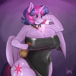  2014 anthro anthrofied arnachy bag big_breasts breast_expansion breasts cleavage clothed clothing cutie_mark dress equine female friendship_is_magic fur grin hair horn huge_breasts mammal my_little_pony purple_eyes purple_fur purple_hair smile solo twilight_sparkle_(mlp) winged_unicorn wings 