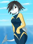  3_fingers anthro black_hair camel_toe clothing female fish gills hair hair_over_eye howl_echoes marine outside shark smile solo swimsuit water wetsuit 