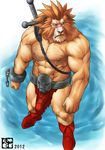  2012 abs belt biceps big_muscles bomb_(artist) boots brown_fur bulge clothed clothing feline footwear fur hair half-dressed leo_(red_earth) lion loincloth male mammal muscles nipples pecs red_earth scar solo strap sweat sword toned topless weapon 