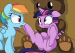  2014 blue_fur cute duo equine eye_contact female feral friendship_is_magic fur hair horn mammal mistydash multicolored_hair my_little_pony open_mouth pegasus purple_fur rainbow_dash_(mlp) rainbow_hair teddy_bear twilight_sparkle_(mlp) winged_unicorn wings 