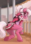  &lt;3 ajin anthro bdsm bit_gag bondage bound bridle carousel cutie_mark equine fan_character female fur gag hair hooves horse long_hair looking_at_viewer looking_back mammal my_little_pony outside pink_fur pony presenting rear_view red_eyes rope saddle solo tail_band white_hair 
