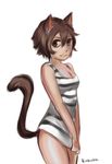  animal_ears bottomless breasts brown_eyes brown_hair cat_ears cat_tail clothed clothing covering feline female final_fantasy final_fantasy_xiv hair half-dressed kuruka mammal miqo&#039;te plain_background smile solo video_games white_background 