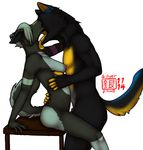  2014 anthro breasts canine chakat-silverpaws couple duo female foreplay hug licking love male mammal nipples nude sitting table tongue tongue_out wolf 