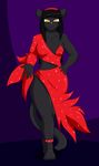  abstract_background anklet anthro barefoot black_fur black_hair breasts cainesart cat dancing feline female fur hair hairband hi_res las_lindas mammal muscles muscular_female pink_nose pose rachael_saleigh red_dress smile standing yellow_eyes 