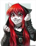  arm_warmers buckle cat clothed clothing collar cute feline female hair happy heartagram looking_at_viewer mammal melloque metal piercing red_eyes red_hair seelena_zorn smile solo spiked_collar 