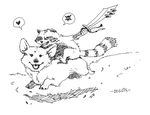  &lt;3 2014 ambiguous_gender anthro black_and_white canine corgi dog duo feral grass magin-go mammal monochrome raccoon riding skull_and_crossbones sword weapon 