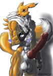  abs anthro balls bandai biceps big_balls big_penis black_sclera canine digimon ear_piercing fur glans gloves huge_penis jamie_lamont knot male mammal markings mechogama muscles pecs penis piercing purple_eyes renamon sheath solo towel vein water white_fur yellow_fur 