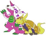  alternate_color ambiguous_gender armadillo armadillomon bandai beelzemon_(artist) digimon duo feral lizard low_res mammal nuzzling pelt plain_background psychemon reptile scalie white_background 