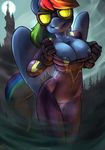  2014 anthro atryl blue_fur bodysuit breasts castle clothing digital_media_(artwork) equine eyewear female friendship_is_magic fur gloves goggles grin hi_res looking_at_viewer mammal moon my_little_pony night nipples pegasus rainbow_dash_(mlp) shadowbolts_(mlp) silhouette skinsuit solo thigh_gap wings 