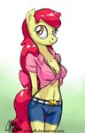  2013 amber_eyes anthro anthrofied apple_bloom_(mlp) belt bow ceehoff cleavage clothed clothing earth_pony equine female friendship_is_magic gold hair horse looking_up mammal my_little_pony pony red_hair shorts solo standing thigh_gap 