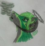  ambiguous_gender anthro bryant canine ear_piercing facial_piercing fur green_eyes green_fur green_hair grey_fur hair halo horn lip_piercing mammal nose_piercing open_mouth piercing plain_background solo traditional_media_(artwork) white_background wolf 