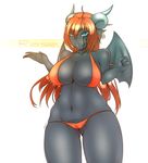  2014 big_breasts bikini breasts clothed clothing demon ear_piercing female hair heterochromia horn kaxlene looking_at_viewer orange_hair piercing rage skimpy swimsuit thick_thighs wings 