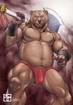  2013 abs abstract_background anthro axe bear biceps blue_eyes bomb_(artist) bulge chubby clothing front_view frown fundoshi looking_at_viewer looking_down low-angle_shot male mammal musclegut muscles navel pecs quads solo topless triceps underwear weapon wristband 