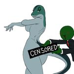  anonymous anthro back bedroom_eyes blush breasts censor_bar chochi covering duo female lizard male necktie nude open_mouth plain_background reptile scalie side_boob standing suit text white_background 