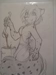  anthro apron breasts claws cooking_pot feline female fur hair kathrin_(twokinds) keidran ladle mammal monochrome naked_apron open_mouth pencil_(artwork) plain_background sketch smile solo spots tom_fischbach traditional_media_(artwork) twokinds 
