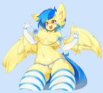  2014 anthro areola big_breasts blue_background blue_hair blue_nipples blush breasts clothing cream_fur elbow_gloves equine fan_character female fur gloves hair legwear mammal my_little_pony navel nipples nude open_mouth orange_eyes panties pegasus plain_background pussy_floss silvia_windmane slugbox solo string teeth thigh_high tongue tongue_out underwear wings 