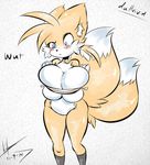  2014 anthro big_breasts blush breasts canine cleavage clothed clothing crossgender dullvivid female fox mammal miles_prower nude sega solo sonic_(series) under_boob 