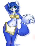  2013 anthro blue_fur blue_hair blush breasts canine cheek_tuft cleavage clothed clothing female fluffy_tail fox front_view fur green_eyes hair hand_behind_head krystal looking_at_viewer mammal markings navel necklace nintendo skimpy solo standing star_fox tail_grab video_games watergleam white_belly wide_hips 