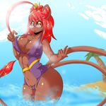  2014 anthro big_breasts breasts brown_fur clothed clothing cloud eyewear feline female fur glasses hair hi_res leo-anna lion looking_at_viewer mammal multiple_tails navel orange_eyes palm_tree pink_hair pink_nose solo standing suddenhack water 