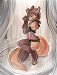  2014 anthro canine claws clothing corset crossdressing di19826 eyes_closed fox girly gun hair kneeling legwear lingerie long_tail male mammal paws ranged_weapon solo stockings thigh_highs weapon 