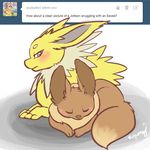  2011 ambiguous_gender blush duo eevee eeveelution english_text eyes_closed jolteon lying nintendo pok&eacute;mon signature text tumblr video_games whimsydreams 
