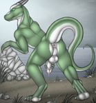  2014 anus balls butt claws cum dragon erection grass green_eyes green_skin horn male masturbation muscles penis perineum pinup pose presenting scalie silver solo standing wemd white_skin 