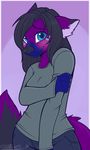  anthro black_hair blue_eyes blush breasts canine clothed clothing danni female fur hair looking_at_viewer mammal purple_fur smile solo strawberryneko 