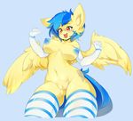  2014 anthro areola big_breasts blue_background blue_hair blue_nipples blush breasts cream_fur elbow_gloves equine fan_character female fur gloves hair legwear mammal my_little_pony navel nipples nude open_mouth orange_eyes pegasus plain_background pussy silvia_windmane slugbox solo teeth thigh_high tongue tongue_out wings 