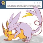  all_fours blush doggystyle duo eeveelution english_text espeon female feral forked_tail from_behind male nintendo open_mouth pok&eacute;mon raichu sex signature straight tails_intertwined text tumblr video_games whimsydreams 