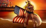  anthro beach bikini blonde_hair bracelet canine clothing female flag green_eyes hair jewelry josef0185 mammal necklace outside patriotism pier politics popcornpanic seaside solo stars_and_stripes sunset swimsuit united_states_of_america wide_hips wolf 