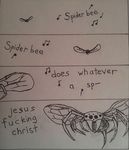  ambiguous_gender arachnid arthropod bee duo english_text fangs hybrid insect insect_wings monochrome musical_note pen_(artwork) sequence spider stinger text traditional_media_(artwork) what what_has_science_done wings 