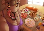  amber_eyes bacon breakfast breasts brown_skin cereal cleavage clothed clothing doughnut egg fangs feline female food jinash licking licking_lips lion looking_at_viewer mammal muscles muscular_female orange_juice pancake peanut_butter ritts rochelle_barnette salmon sausage selfie solo strawberry tongue tongue_out 