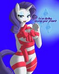  2014 anthro anthrofied blue_eyes breasts cleavage clothed clothing dialogue english_text equine eyeshadow female friendship_is_magic fur hair half-closed_eyes hi_res horn looking_at_viewer makeup mammal my_little_pony purple_hair rarity_(mlp) ribbons solo text twistedscarlett60 unicorn white_fur wrapped_up 
