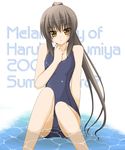  brown_eyes brown_hair commentary_request genderswap genderswap_(mtf) kyonko long_hair one-piece_swimsuit ponytail school_swimsuit solo submerged suzumiya_haruhi_no_yuuutsu swimsuit tomosuke 