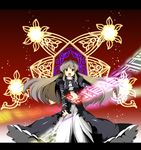  brown_eyes brown_hair dress fighting_stance fujy glowing gradient_hair hijiri_byakuren letterboxed long_hair magic multicolored_hair open_mouth scroll serious solo sorcerer's_sutra_scroll touhou 