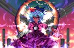  bad_id bad_pixiv_id blue_hair hair_ornament leaf_hair_ornament nanato onbashira red_eyes rope shide shimenawa short_hair solo touhou yasaka_kanako 