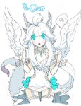  angel_wings animal_ears aqua_eyes dragon_girl dress feathers garter_belt monster_girl original sketch solo taruk thighhighs white_hair wings 