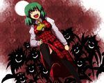  ascot breasts crazy_eyes dutch_angle flower glowing glowing_eyes glowing_smile green_hair grin kazami_yuuka large_breasts laughing plaid plaid_skirt plaid_vest red_eyes reon_(saikyou) short_hair silhouette skirt skirt_set smile solo sunflower thighhighs touhou vest 