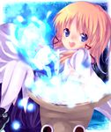  bad_id bad_pixiv_id blonde_hair blue_eyes frog glowing hat hat_basket hat_removed headwear_removed holding holding_hat looking_at_viewer magic moriya_suwako nonaka open_mouth short_hair sitting smile solo thighhighs touhou water white_legwear 