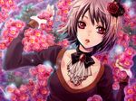  bad_id bad_pixiv_id brown_hair choker dress flower hair_ornament izk lying original red_eyes solo 