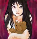  black_hair heterochromia kazaana lips long_hair original solo stuffed_animal stuffed_toy teddy_bear topless 