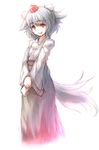  dog_tail fang hat inubashiri_momiji japanese_clothes red_eyes sankuma short_hair silver_hair simple_background sketch smile solo tail tokin_hat touhou white_background 