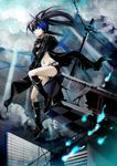  bad_id bad_pixiv_id belt bikini_top black_hair black_rock_shooter black_rock_shooter_(character) blue_eyes blue_hair boots burning_eye chain highres izk jacket long_hair midriff navel pale_skin shorts sitting solo sword twintails uneven_twintails very_long_hair weapon 