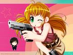  1girl blonde_hair cal_devens chibi gun handgun long_hair one_eye_closed phantom_of_inferno pistol sig_sauer sig_sauer_p226 tsuji_santa weapon zwei 