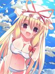  bikini blonde_hair breasts cleavage cloud day from_below hat large_breasts leaning_forward light_rays open_mouth purple_eyes sky smile solo sunbeam sunlight swimsuit touhou tsunono yakumo_yukari 