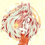  bad_id bad_pixiv_id fire fujiwara_no_mokou hair_ribbon long_hair pants red_eyes ribbon sakuo shirt silver_hair solo suspenders touhou very_long_hair white_shirt 